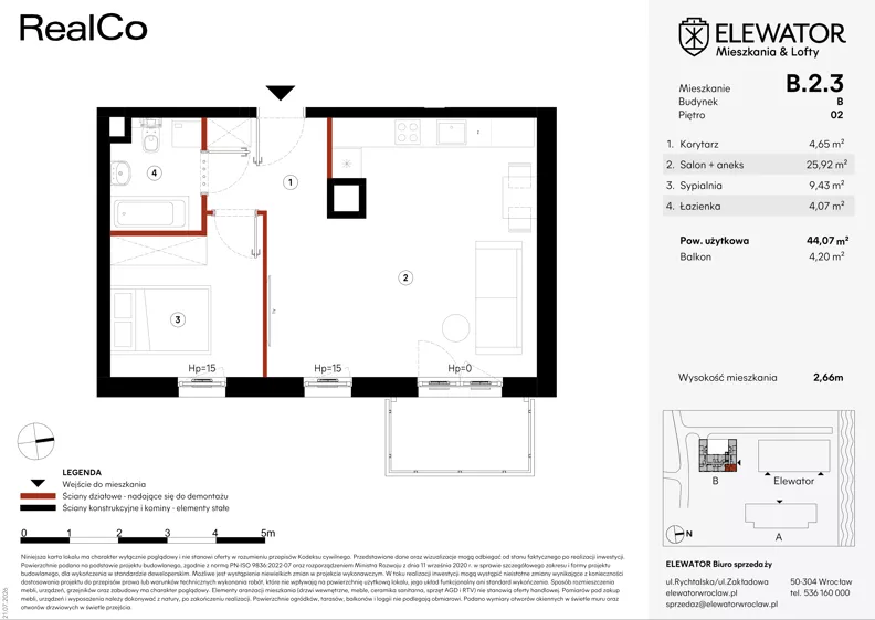 2 pokoje, mieszkanie 44,07 m², piętro 2, oferta nr B.2.3, ELEWATOR. Mieszkania&Lofty - mieszkania, Wrocław, Kleczków, Psie Pole, Rychtalska/Zakładowa