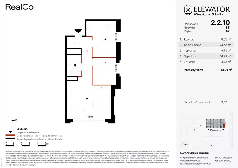 3 pokoje, apartament 62,03 m², piętro 2, oferta nr EZ.2.2.10, ELEWATOR. Mieszkania&Lofty - lofty, Wrocław, Kleczków, Psie Pole, Rychtalska
