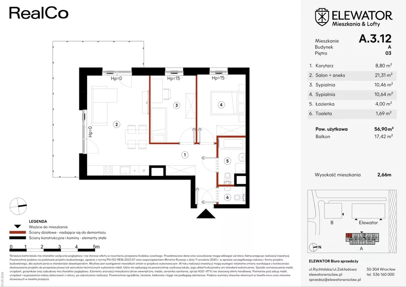 3 pokoje, mieszkanie 56,90 m², piętro 3, oferta nr A.3.12, ELEWATOR. Mieszkania&Lofty - mieszkania, Wrocław, Kleczków, Psie Pole, Rychtalska/Zakładowa