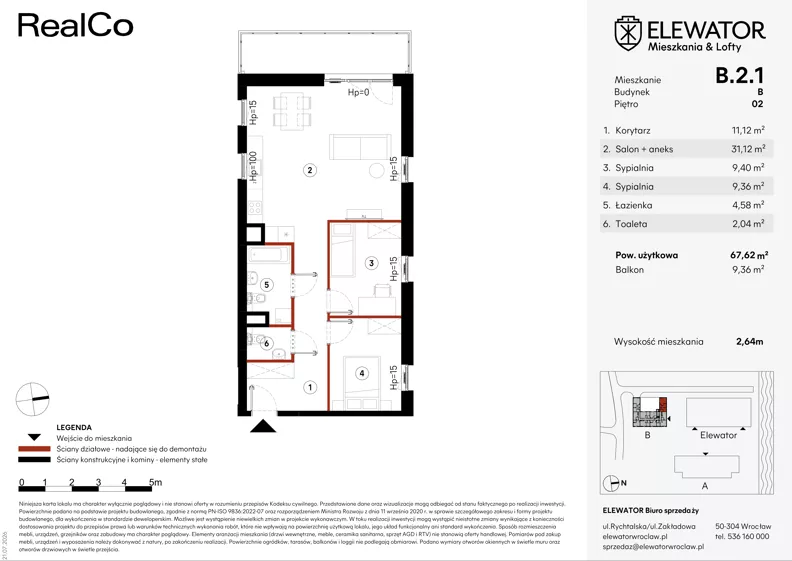 3 pokoje, mieszkanie 67,62 m², piętro 2, oferta nr B.2.1, ELEWATOR. Mieszkania&Lofty - mieszkania, Wrocław, Kleczków, Psie Pole, Rychtalska/Zakładowa