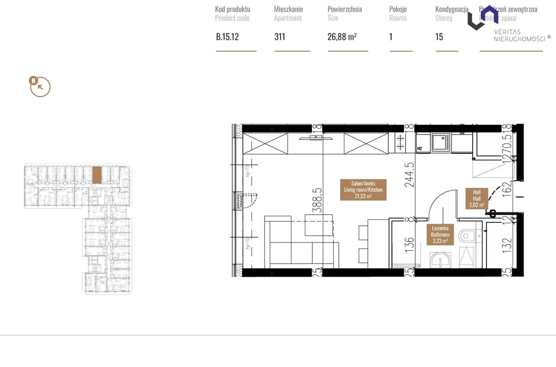 Apartament na sprzedaż, 26,68 m², 1 pokój, piętro 15, oferta nr VTS-MS-6306