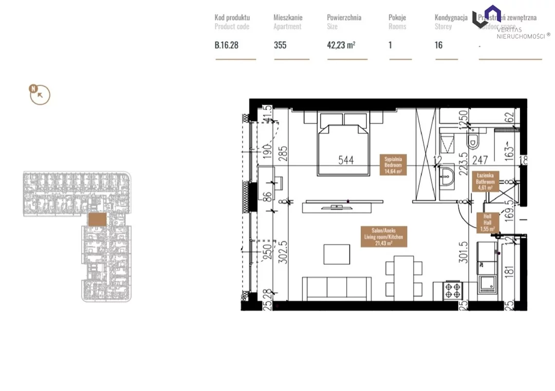 Apartament na sprzedaż, 42,23 m², 2 pokoje, piętro 16, oferta nr VTS-MS-6311