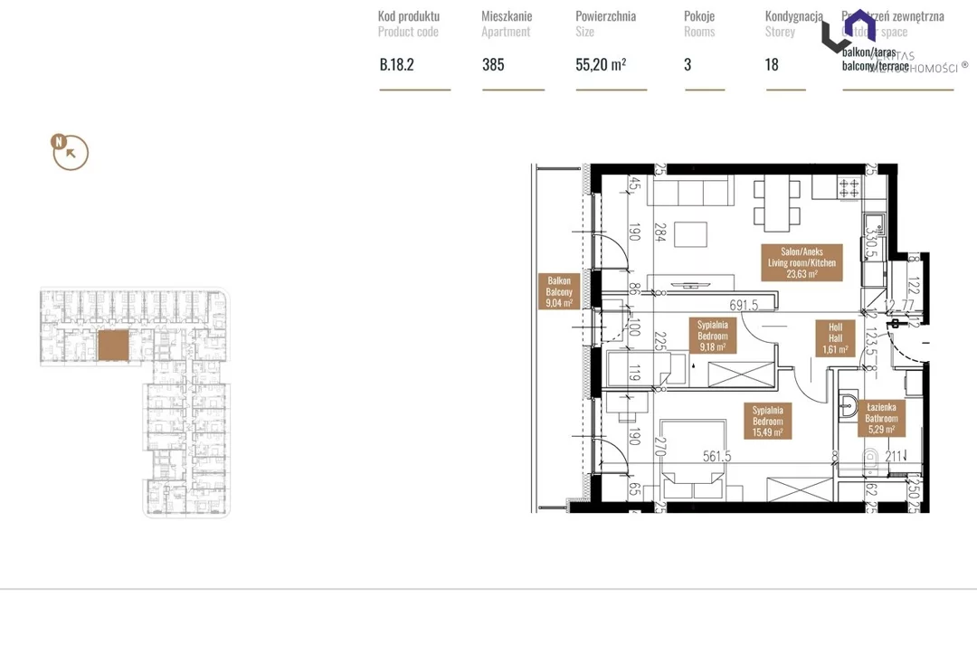 Apartament na sprzedaż, 55,20 m², 3 pokoje, piętro 18, oferta nr VTS-MS-6318