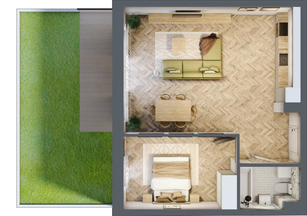 2 pokoje, mieszkanie 55,16 m², parter, oferta nr B1.4, Fokus Bielany, Bielany Wrocławskie, ul. Kolejowa 5