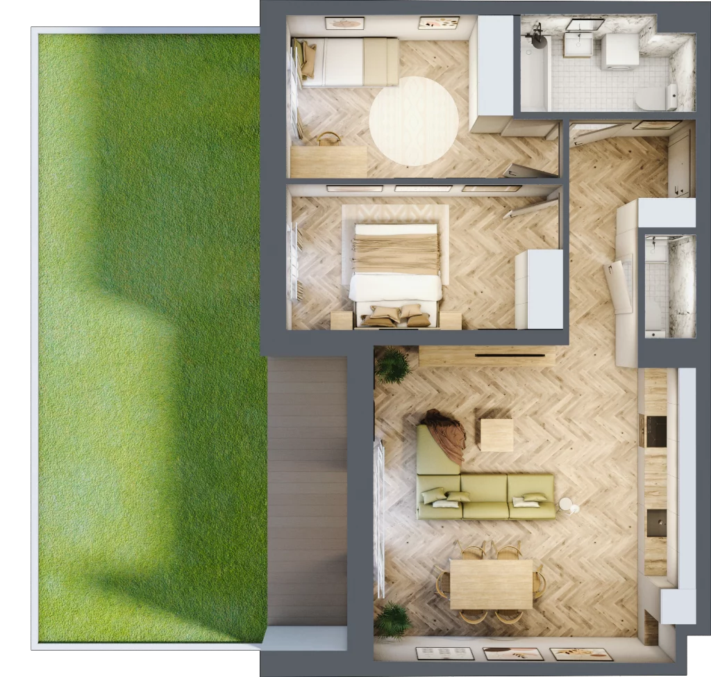 3 pokoje, mieszkanie 65,85 m², parter, oferta nr B1.3, Fokus Bielany, Bielany Wrocławskie, ul. Kolejowa 5
