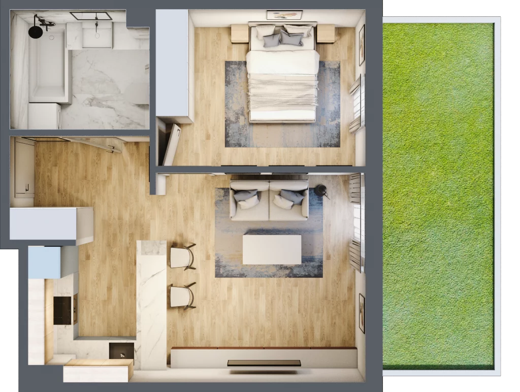 2 pokoje, mieszkanie 43,84 m², parter, oferta nr G5A.02, Geometryczna 5A, Warszawa, Białołęka, Grodzisk, ul. Geometryczna 5, 5A