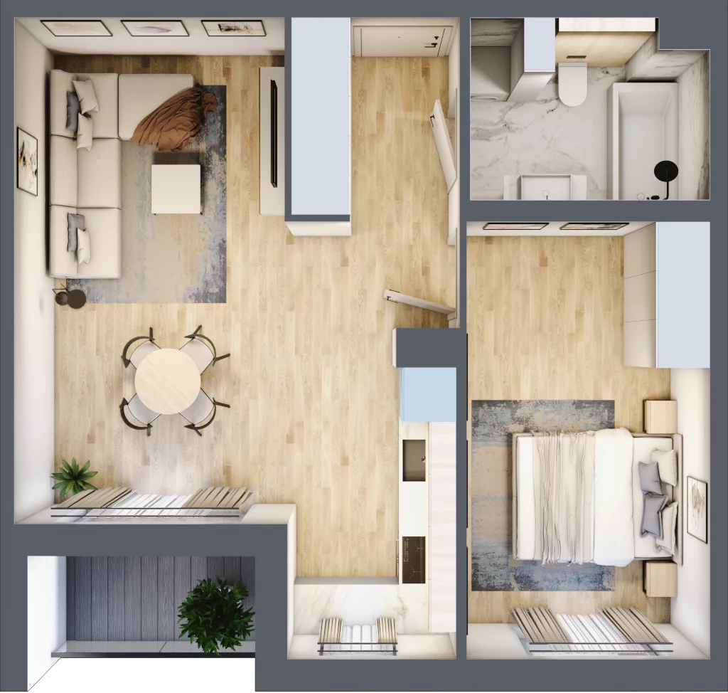 2 pokoje, mieszkanie 47,98 m², piętro 2, oferta nr E.2.14.2k, art.TEO - bud. E, F, Łódź, Polesie, Teofilów, ul. Kaczeńcowa 2B i 2C