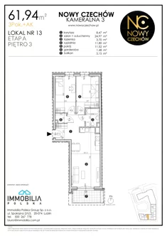 Mieszkanie, 61,94 m², 3 pokoje, piętro 3, oferta nr 13