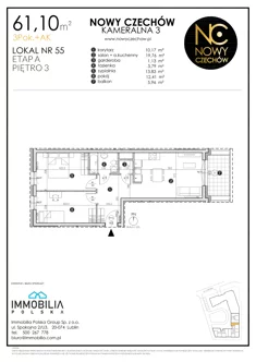 Mieszkanie, 61,20 m², 3 pokoje, piętro 3, oferta nr 55