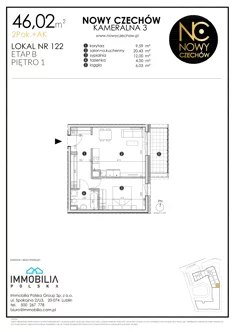 Mieszkanie, 46,02 m², 2 pokoje, piętro 1, oferta nr 122