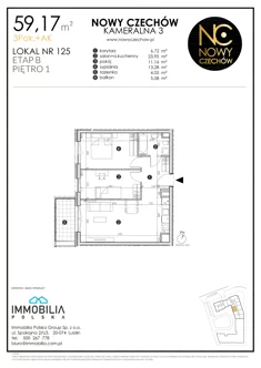 Mieszkanie, 59,17 m², 3 pokoje, piętro 1, oferta nr 125