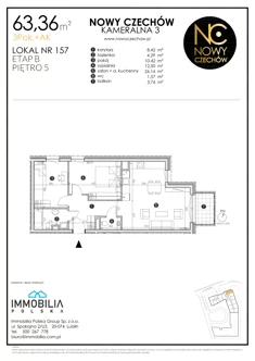 Mieszkanie, 63,36 m², 3 pokoje, piętro 5, oferta nr 157