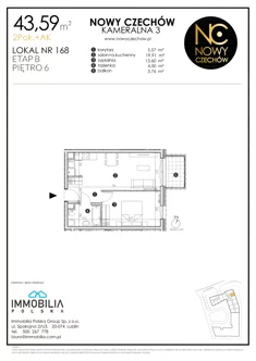 Mieszkanie, 43,59 m², 2 pokoje, piętro 6, oferta nr 168