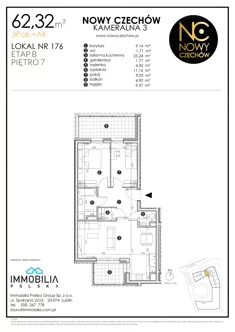 Mieszkanie, 62,32 m², 3 pokoje, piętro 7, oferta nr 176