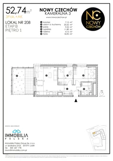 Mieszkanie, 52,74 m², 3 pokoje, piętro 1, oferta nr 208