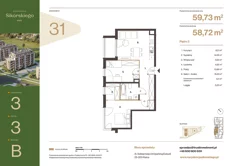 Mieszkanie, 59,73 m², 3 pokoje, piętro 3, oferta nr B31
