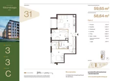 Mieszkanie, 59,65 m², 3 pokoje, piętro 3, oferta nr C31