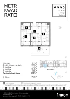Mieszkanie, 52,34 m², 3 pokoje, piętro 1, oferta nr A1/1/3