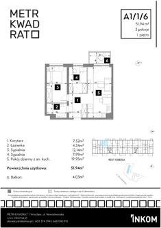 Mieszkanie, 51,94 m², 3 pokoje, piętro 1, oferta nr A1/1/6