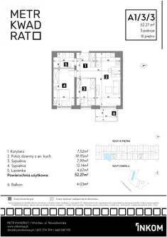 Mieszkanie, 52,27 m², 3 pokoje, piętro 3, oferta nr A1/3/3