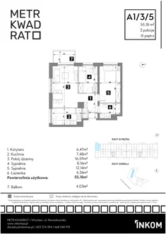 Mieszkanie, 55,18 m², 3 pokoje, piętro 3, oferta nr A1/3/5