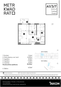Mieszkanie, 55,03 m², 3 pokoje, piętro 3, oferta nr A1/3/7
