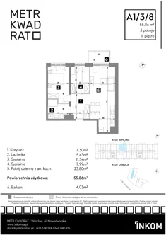 Mieszkanie, 55,86 m², 3 pokoje, piętro 3, oferta nr A1/3/8