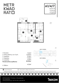 Mieszkanie, 55,03 m², 3 pokoje, piętro 4, oferta nr A1/4/7