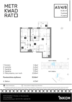 Mieszkanie, 55,86 m², 3 pokoje, piętro 4, oferta nr A1/4/8