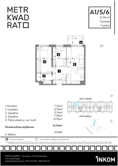 Mieszkanie, 51,94 m², 3 pokoje, piętro 5, oferta nr A1/5/6