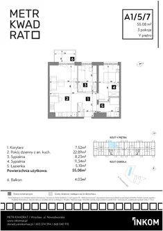 Mieszkanie, 55,08 m², 3 pokoje, piętro 5, oferta nr A1/5/7