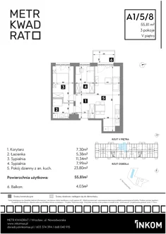 Mieszkanie, 55,81 m², 3 pokoje, piętro 5, oferta nr A1/5/8