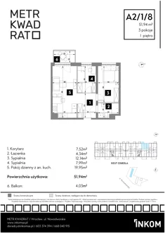 Mieszkanie, 51,94 m², 3 pokoje, piętro 1, oferta nr A2/1/8