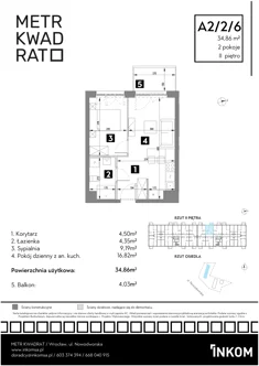 Mieszkanie, 34,86 m², 2 pokoje, piętro 2, oferta nr A2/2/6