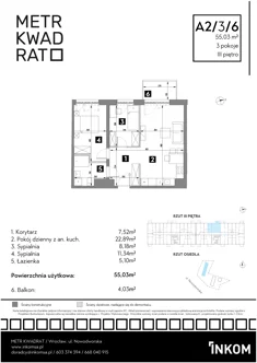Mieszkanie, 55,03 m², 3 pokoje, piętro 3, oferta nr A2/3/6