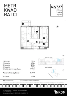 Mieszkanie, 51,94 m², 3 pokoje, piętro 3, oferta nr A2/3/7