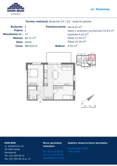Mieszkanie, 58,72 m², 3 pokoje, piętro 2, oferta nr 1/2-13