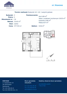 Mieszkanie, 32,63 m², 2 pokoje, piętro 2, oferta nr 1/2-14