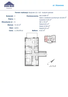 Mieszkanie, 72,33 m², 4 pokoje, piętro 1, oferta nr 1/2-6