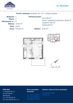 Mieszkanie, 32,69 m², 2 pokoje, piętro 1, oferta nr 1/2-9