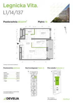 Mieszkanie, 60,63 m², 3 pokoje, piętro 14, oferta nr L1/14/137