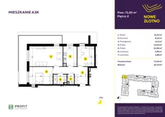 Mieszkanie, 71,53 m², 3 pokoje, piętro 2, oferta nr A-3K