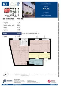 Mieszkanie, 56,06 m², 2 pokoje, piętro 4, oferta nr B1/M/4/19
