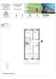 Mieszkanie, 62,50 m², 4 pokoje, piętro 3, oferta nr B2-12