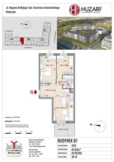 Mieszkanie, 64,59 m², 3 pokoje, piętro 3, oferta nr B1/76