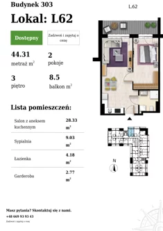 Apartament, 44,31 m², 2 pokoje, piętro 3, oferta nr L62