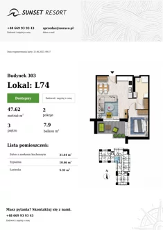 Apartament, 47,62 m², 2 pokoje, piętro 3, oferta nr L74