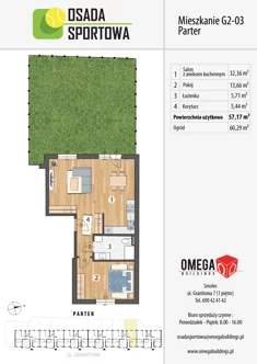 Mieszkanie, 57,17 m², 2 pokoje, parter, oferta nr G2-03