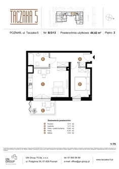 Apartament, 44,42 m², 2 pokoje, piętro 3, oferta nr B/3/13