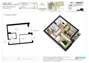 2 pokoje, mieszkanie 40,71 m², piętro 1, oferta nr B1.4, Lusso Al Centro, Gniezno, ul. Wawrzyńca 19